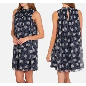 Joie Women’s M Baltic Navy Blue Print Smocked Lined Mini Dress Designer